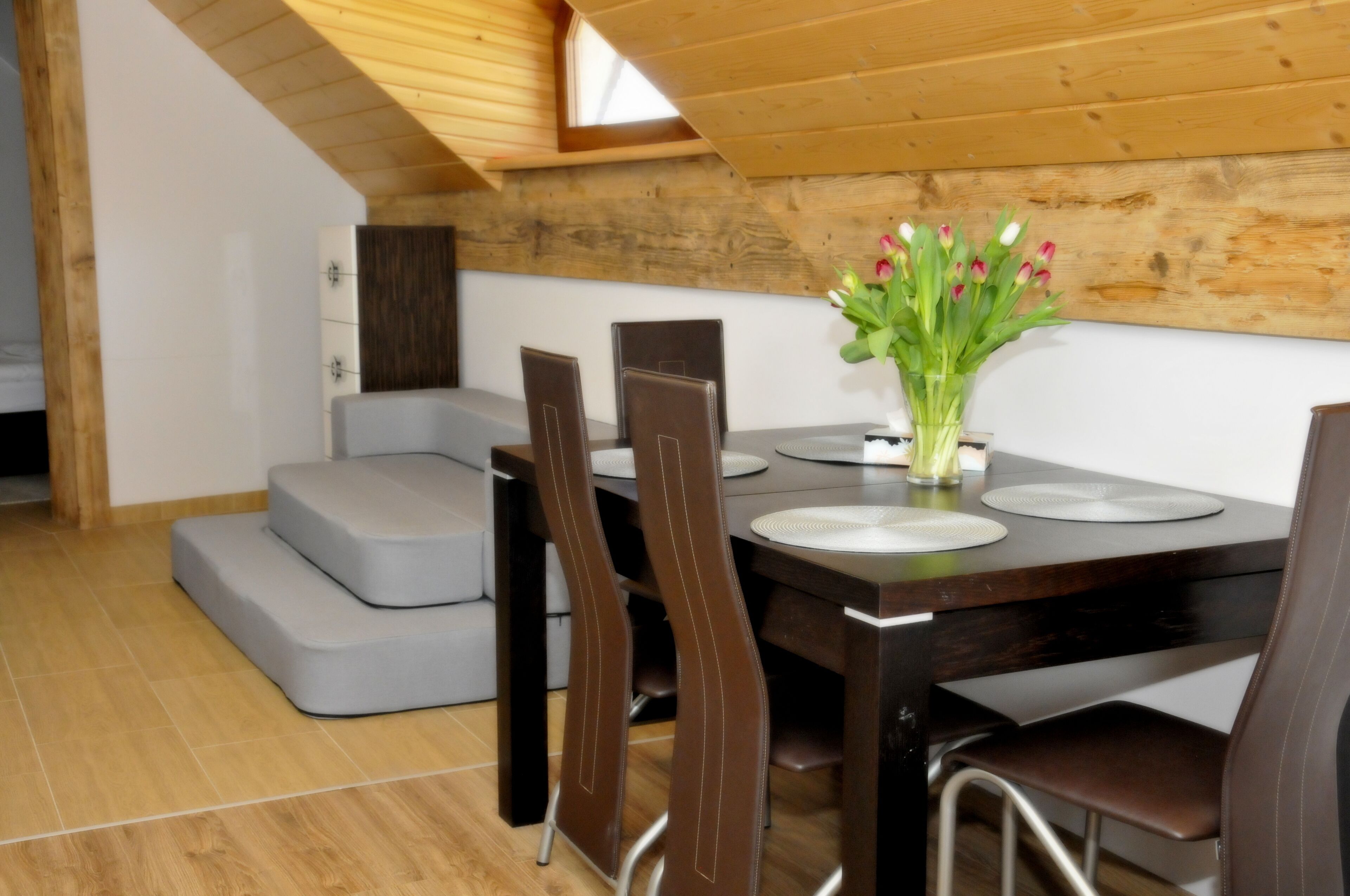 Desk, laptop workspace, blackout drapes, iron/ironing board