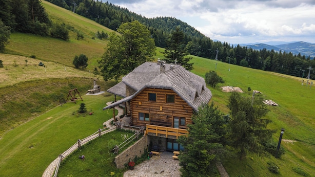 A log cabin with a stone staircase leading to the entrance, surrounded by a grassy landscape and trees. - Lipowe Wzgórze (Limanowa)