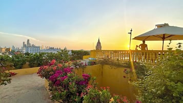 Un jardín en la azotea con vistas al horizonte urbano y un edificio con cúpula.