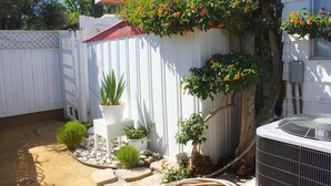A fenced backyard with a white fence, potted plants, a small tree, and an air conditioning unit.