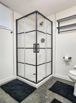 Shower, hair dryer, towels, soap