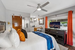 1 bedroom, desk, iron/ironing board, travel cot