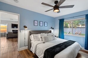 1 bedroom, desk, iron/ironing board, travel cot