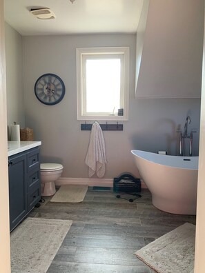 Secadora de cabello, toallas, jabón, papel de baño