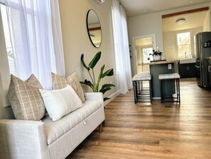 TV, fireplace, books