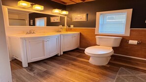 Hair dryer, towels, soap, toilet paper