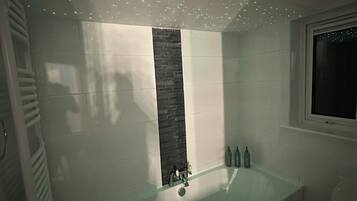 Hair dryer, towels, soap, toilet paper