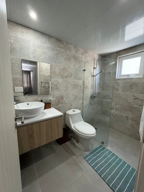 Hair dryer, towels, soap, toilet paper