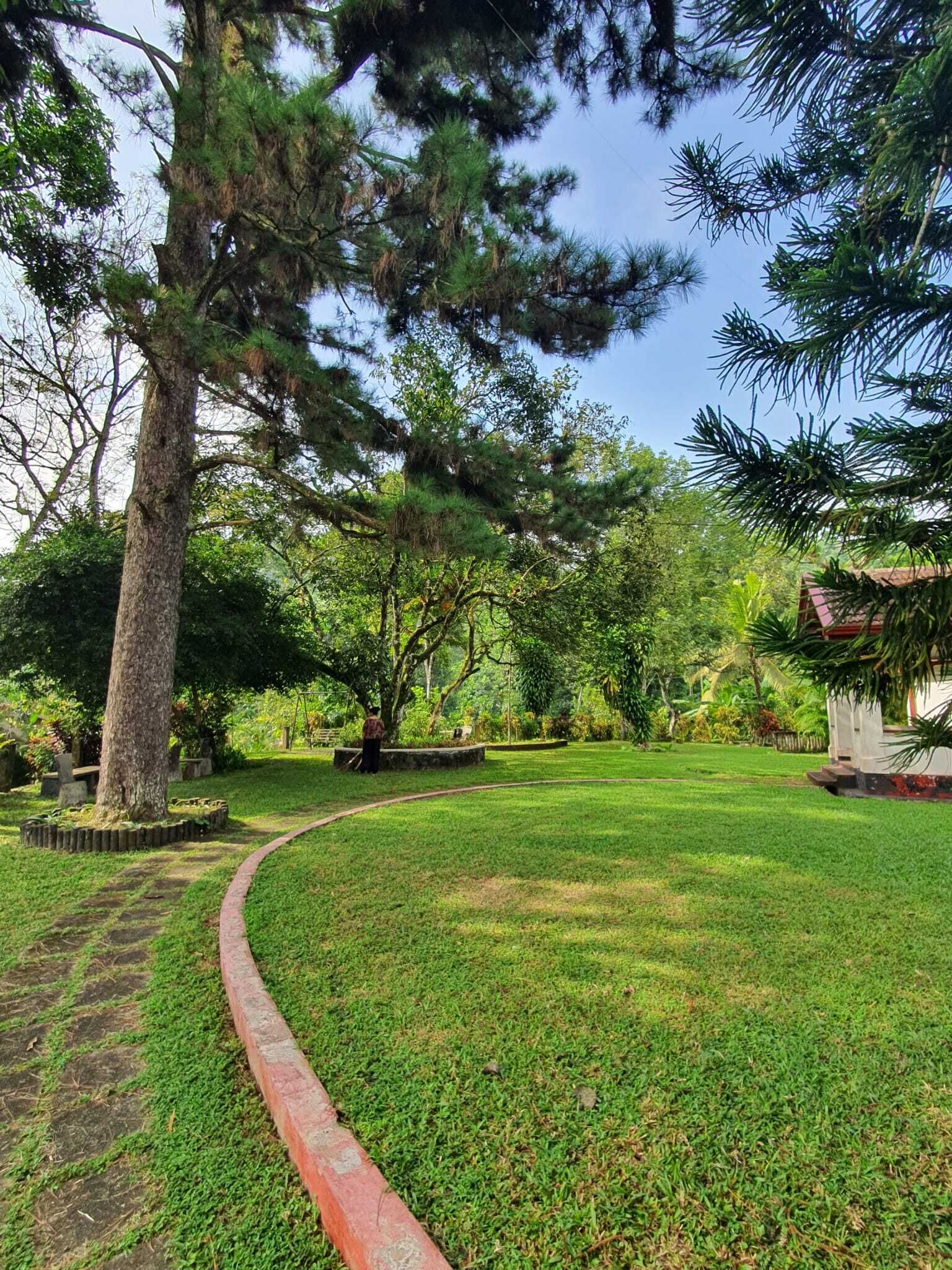 A well-maintained grassy area with a curved pathway, surrounded by mature trees and a small building.