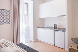 Fridge, microwave, stovetop, espresso maker