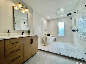 Hair dryer, towels, soap, toilet paper