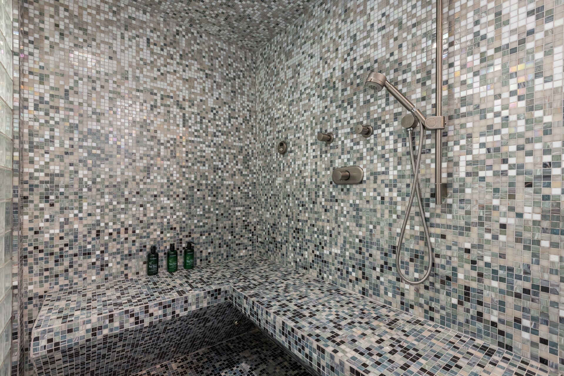 A bathroom with mosaic tile walls and floor, a shower with a handheld showerhead, and two bottles of shampoo on the bench.
