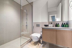 Douche, sèche-cheveux, serviettes fournies, savon