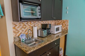 Fridge, microwave, coffee/tea maker, toaster