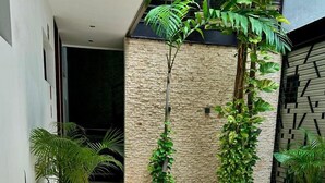 Un área de estar exterior moderna con pared de piedra y plantas en macetas.