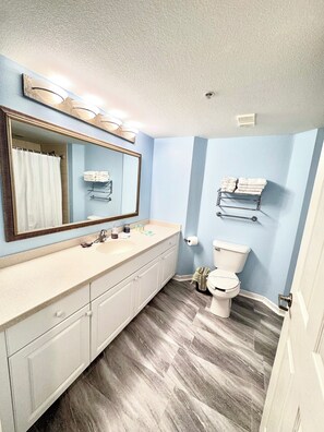 Hair dryer, towels, soap, shampoo