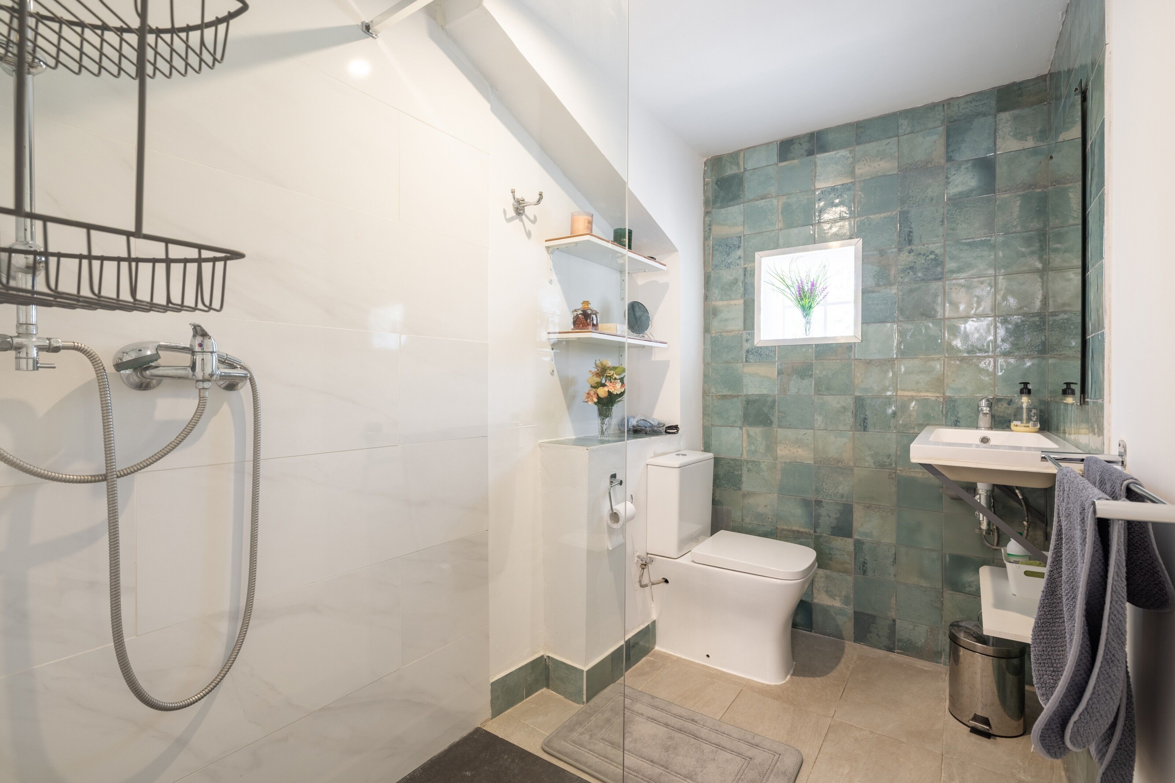 Shower, hair dryer, towels