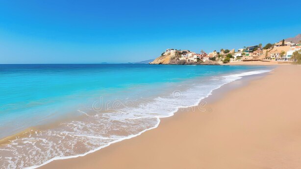 Ein Strand mit klarem türkisblauem Wasser, einem sandigen Ufer und Gebäuden auf einer Klippe.