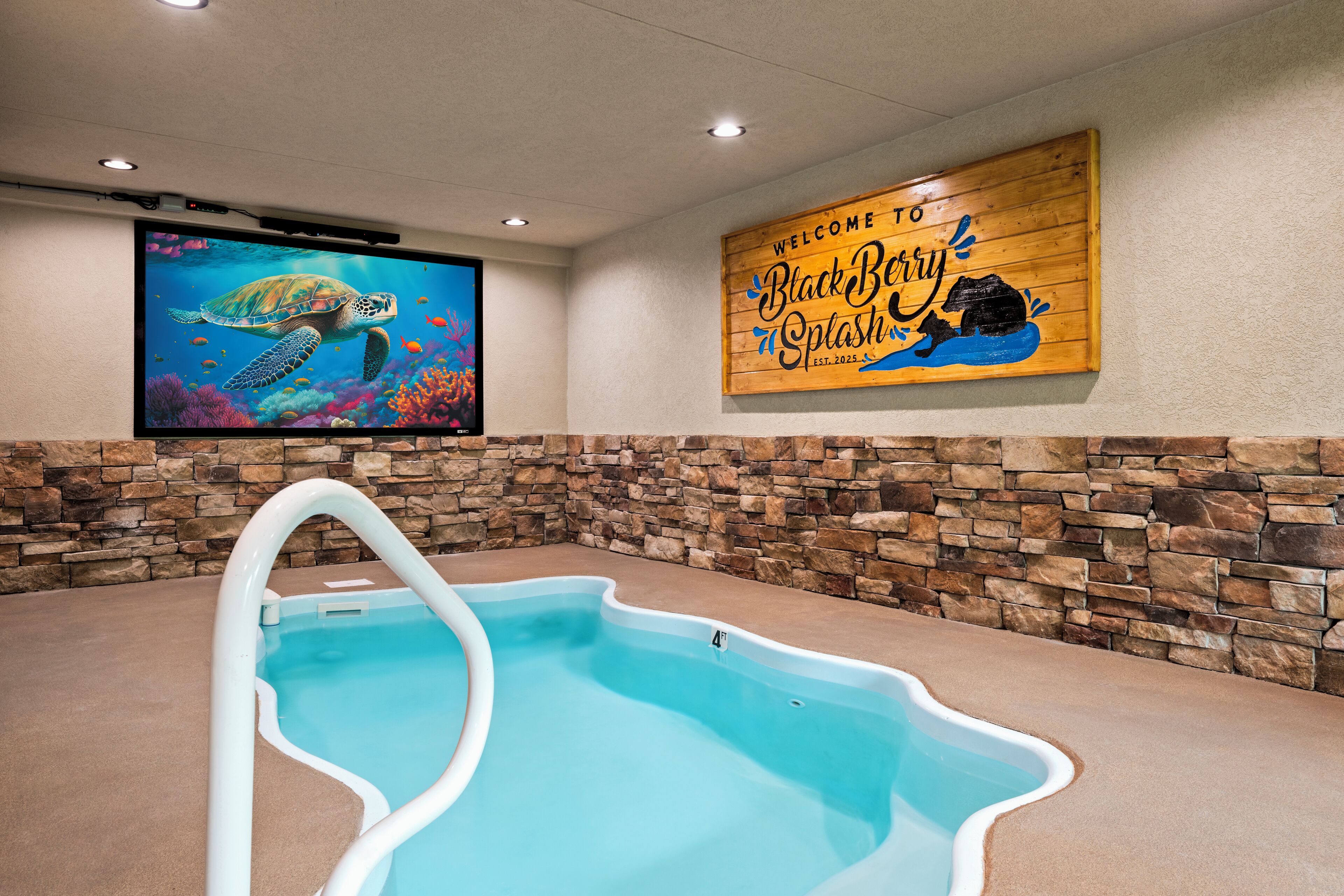 A swimming pool with a wooden wall and a sign that reads "Welcome to BlackBerry Splash."