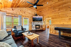 Smart TV, fireplace, video games, DVD player