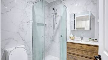 Shower, hair dryer, towels, soap