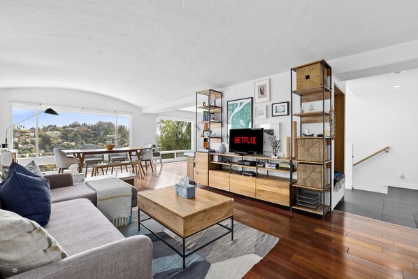 Smart TV, fireplace, video games, books
