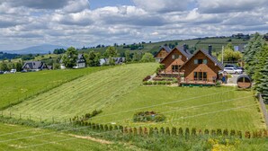 Ländliche Landschaft mit Häusern, einem Feld und einem Auto.