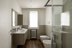 Shower, hair dryer, bidet, towels