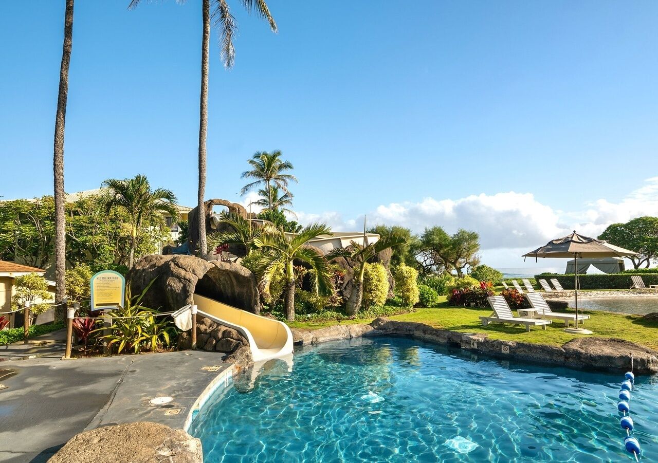 Une piscine avec un toboggan, des chaises longues, des palmiers et un ciel dégagé.