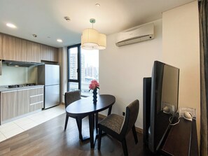 Condo, City View | Private kitchen | Fridge, microwave, stovetop, electric kettle - Tyms APT Hengshan RD Near IAPM K11 Line9 (Shanghai)