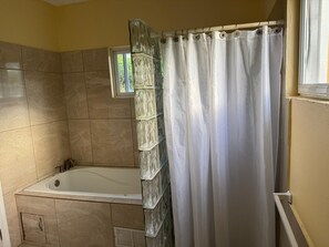 Regadera, tina de hidromasaje, toallas, papel de baño 