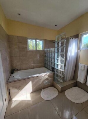 تجهيزات دش، حوض استحمام بنظام ضخ المياه، مناشف، ورق حمّام