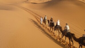 A desert landscape with sand dunes and a group of people riding camels. - Sahara Merzouga Camp (Hassilabied)