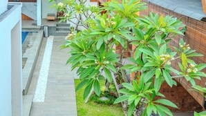 A narrow pathway flanked by two buildings with sloped roofs, a small grassy area, and a tree with green foliage and white flowers. - Villa Radha Pererenan (Pererenan)
