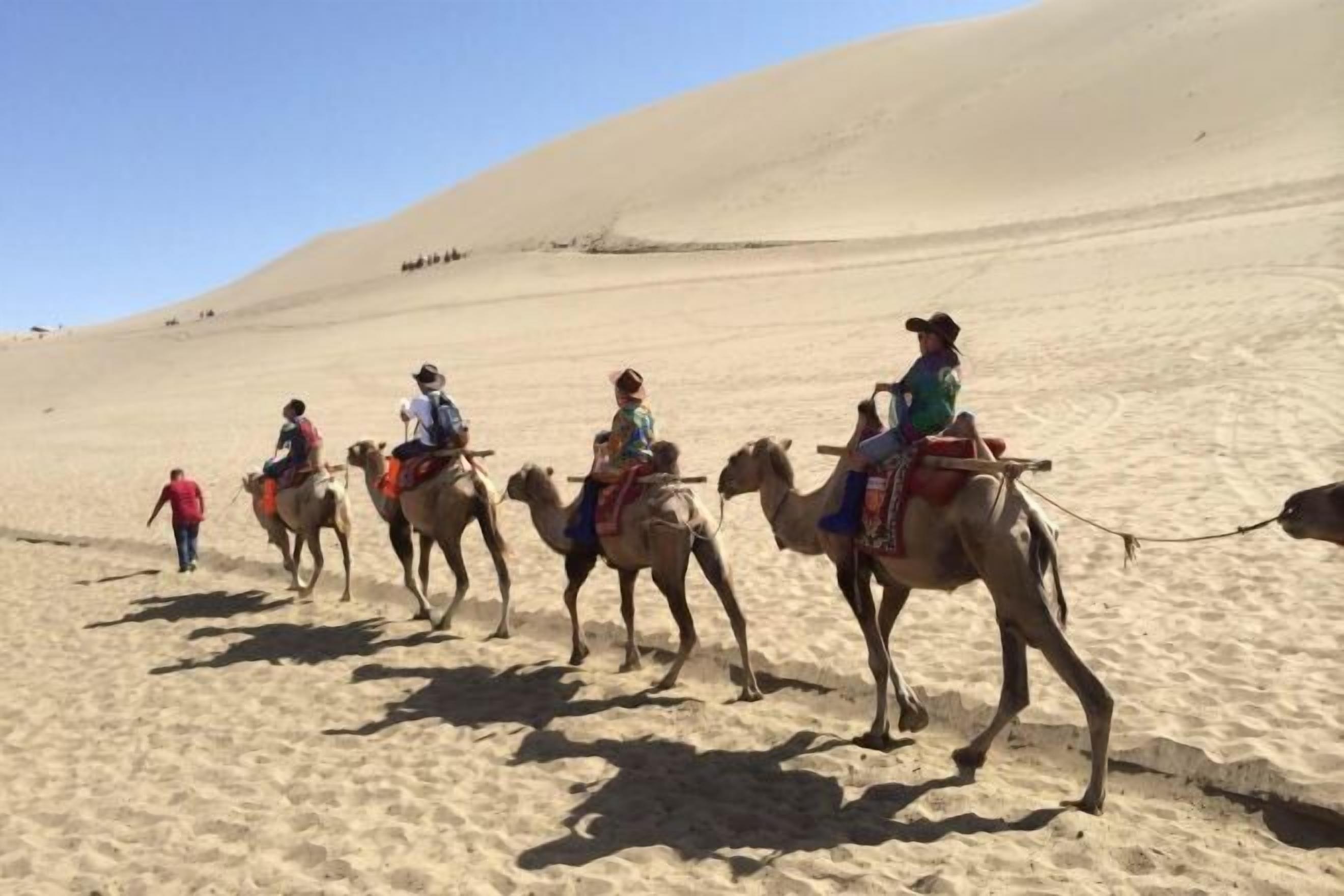 A group of people riding camels on a sandy terrain.