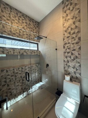 Shower, hair dryer, towels, toilet paper