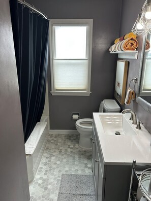 A bathroom with a toilet, sink, and shower area. - 3-bedroom House in Rapid City for Sturgis Rally with Two Car Garage for Bikes (Rapid City)