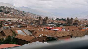 A cityscape with historic architecture, including a prominent cathedral and a bell tower, surrounded by residential buildings with terracotta roofs.
