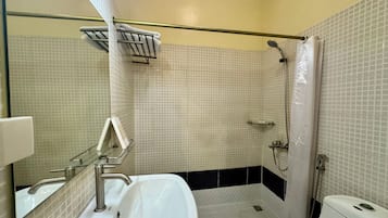 Une salle de bain avec un lavabo blanc, des toilettes et un espace douche.