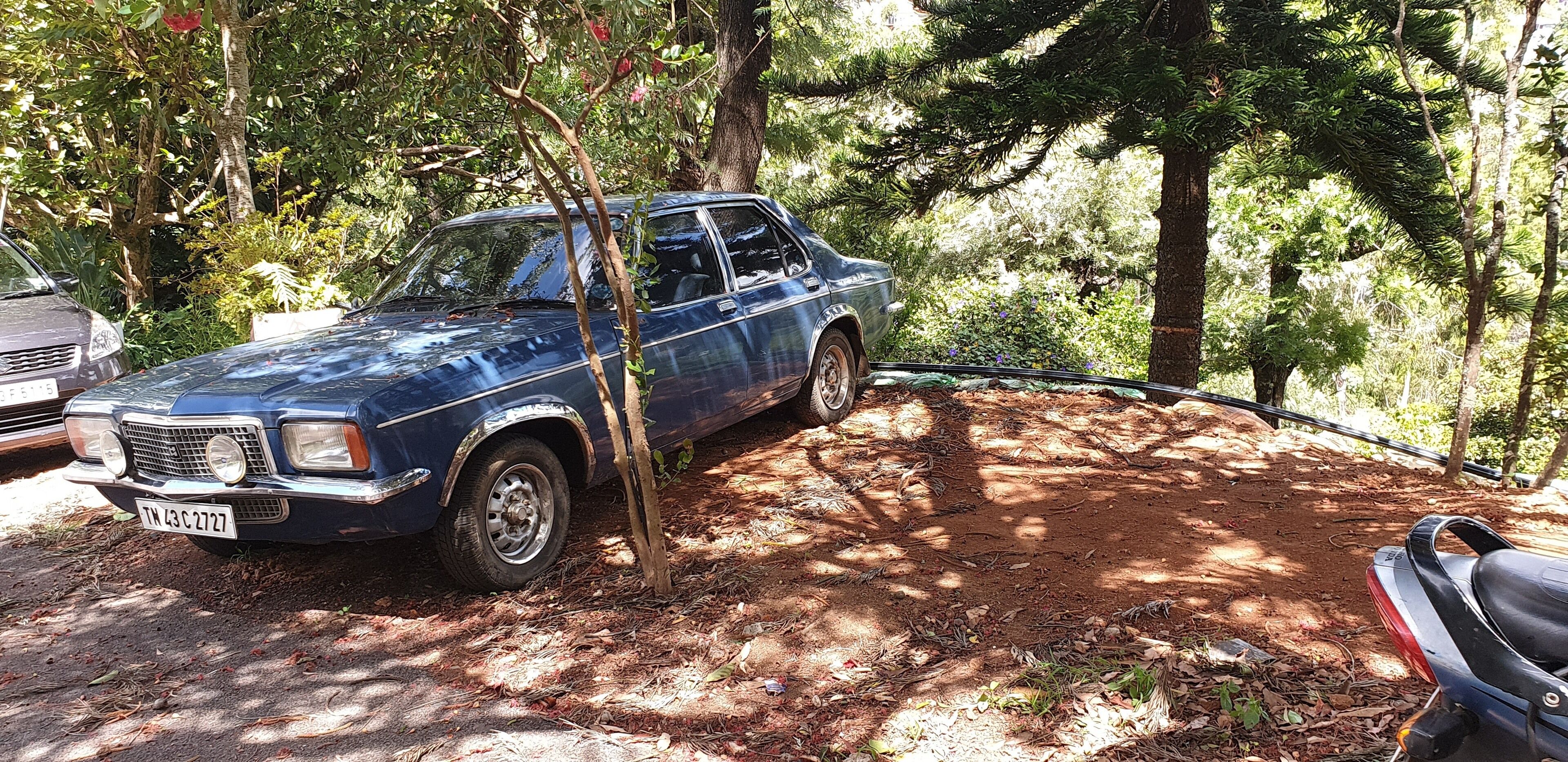 A blue car parked in a wooded area with trees and a dirt path.