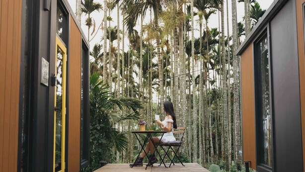 Una mujer sentada a una mesa de madera en un edificio moderno con ventanas amplias y vista a árboles altos.