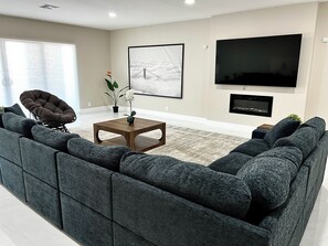 Smart TV, fireplace, foosball, table tennis