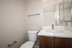 Hair dryer, towels, soap, toilet paper