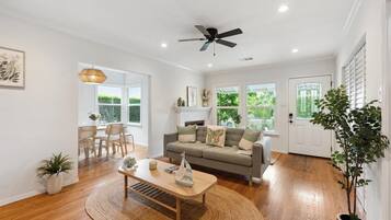 Smart TV, fireplace, video games, DVD player