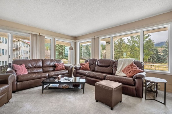 Living room with cozy seating (including an extra pull-out sleeper & bedding), Smart TV with cable, board games and a decorative fireplace