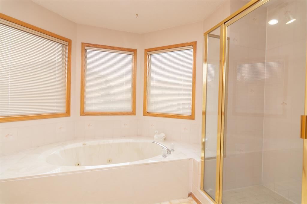 Shower, jetted tub, towels, soap