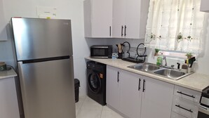 A compact kitchen with a stainless steel refrigerator, a microwave, a washing machine, and a sink with a faucet. - Beautiful modern retreat with stunning views of mountain ranges & Seaview (Plymouth)
