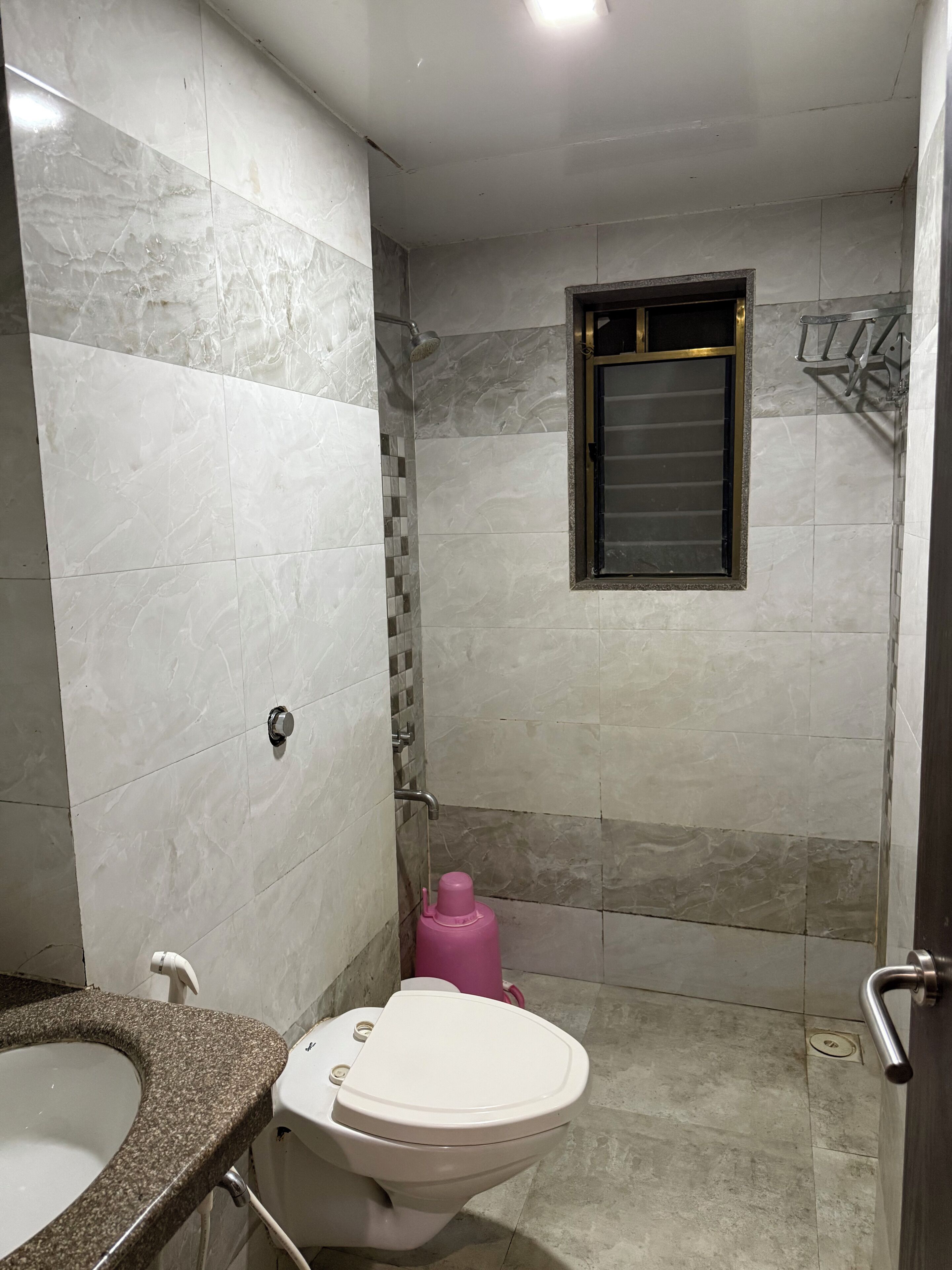 Un bagno con il water, un lavandino e una doccia.