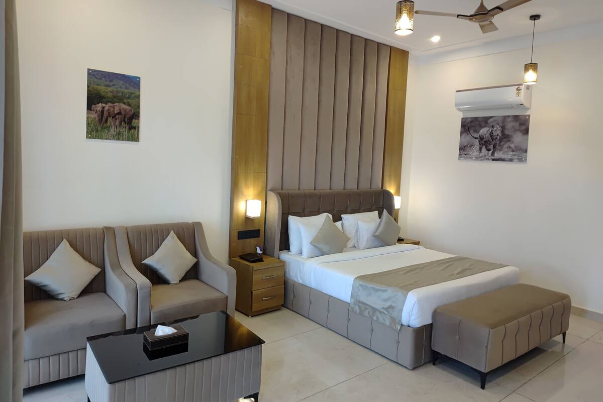 A modern hotel room with a sofa, a bed, a nightstand, a coffee table, and a ceiling fan.