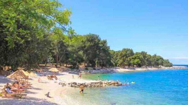 Une plage avec une eau d’un bleu limpide, des arbres et des personnes qui se prélassent au soleil.